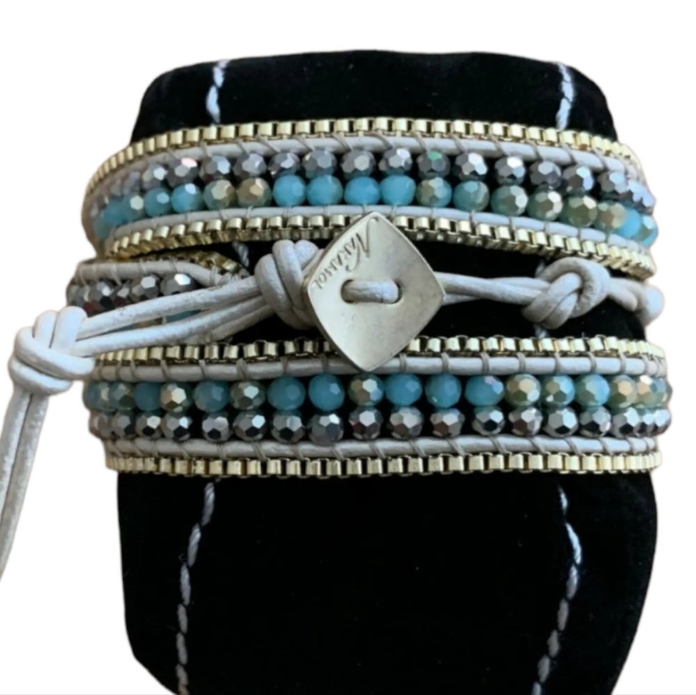 Nakamol Wrap Bracelet Gold with Turquoise Blue and Pewter Crystal Beads